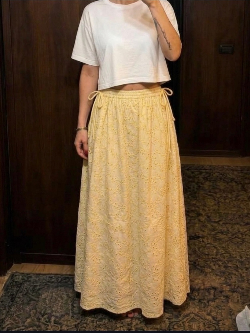 Handmade Yellow Eyelet Maxi Skirt - NEW  Adjustable Tie Waist Size 4-10